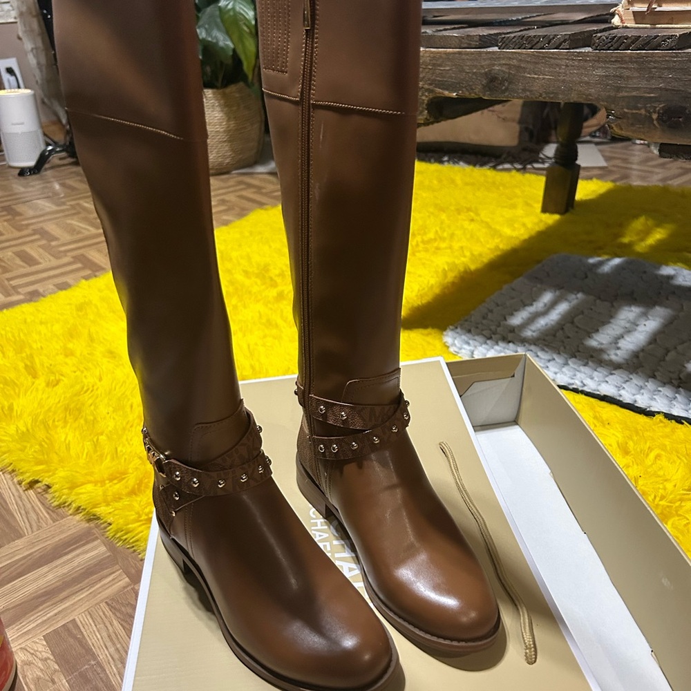 Brown Leather Over the Knee Boots with Strap